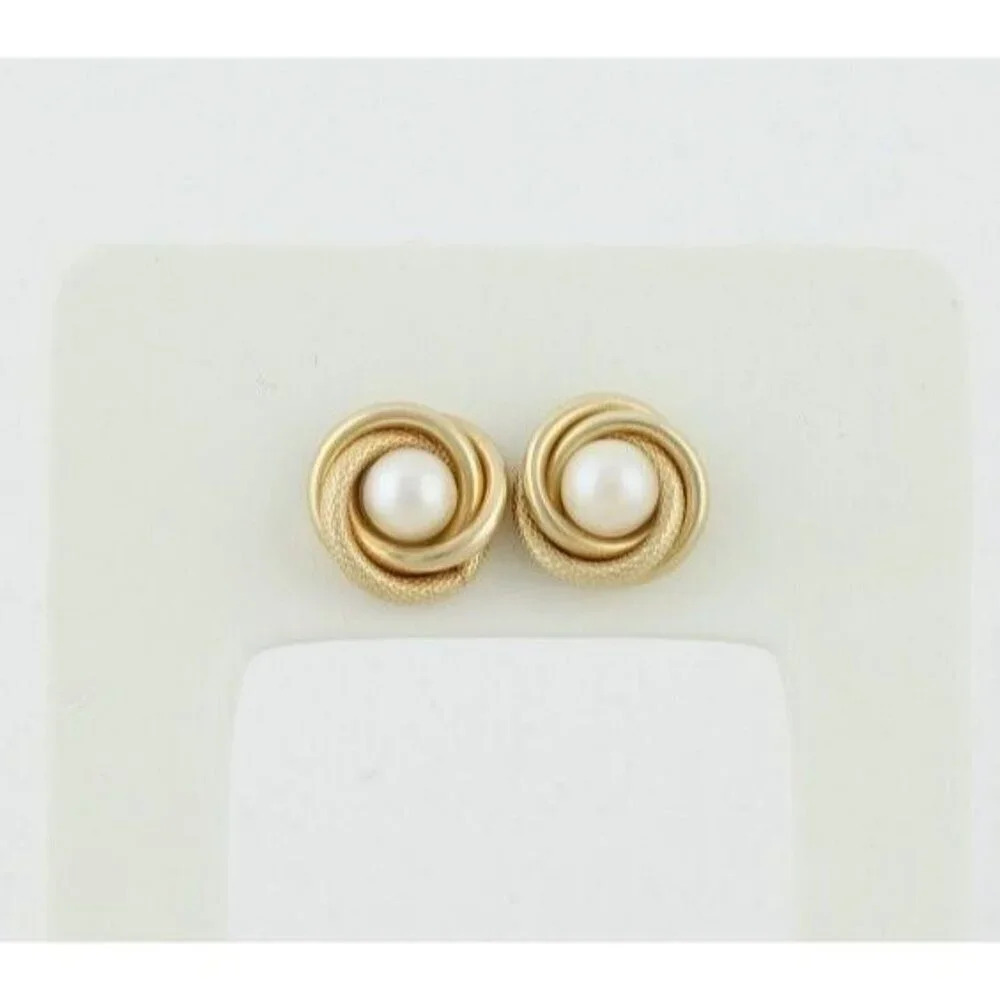 10k Yellow Gold Freshwater Pearl Knot Earrings Stud Post - Picture 6 of 9